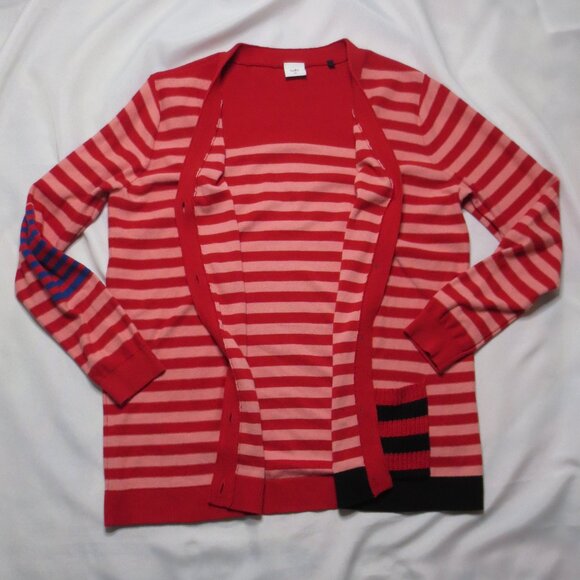 CABI womens SWEATER pink CARDIGAN red STRIPED picnic POCKET size XL - Picture 3 of 11